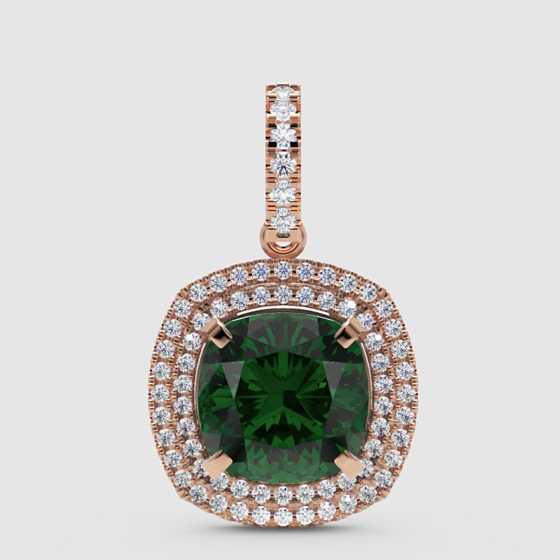 Cushion Cut Green Emerald Double Halo Pendant With Diamond Accents - One