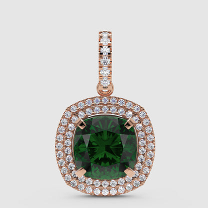 Cushion Cut Green Emerald Double Halo Pendant With Diamond Accents - One