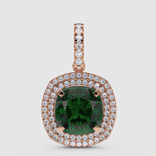 Cushion Cut Green Emerald Double Halo Pendant with Diamond Accents