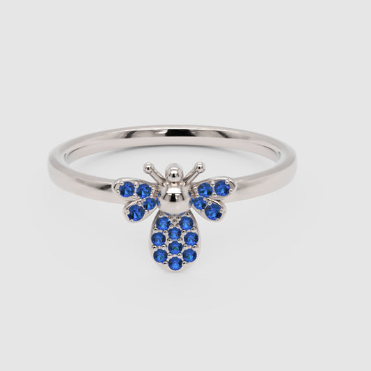 Blue Stone Bee Ring in White Gold