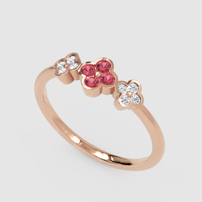 Triple Flower Cluster Ring With Ruby And Diamond Accents - Three