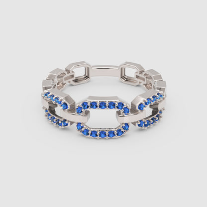 Blue Sapphire Chain Link Ring In White Gold | Double Pave Interlocking Statement Luxury Ring For Women | Jebij - One