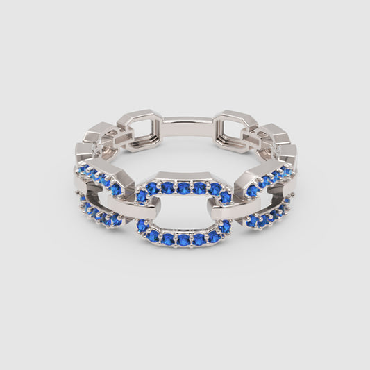 Blue Sapphire Chain Link Ring In White Gold | Double Pave Interlocking Statement Luxury Ring For Women | Jebij - One
