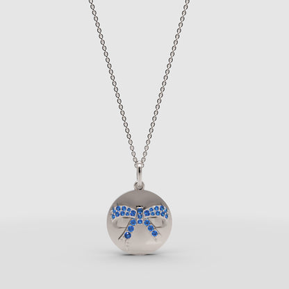 Blue Crystal Bow Disc Pendant Necklace - One