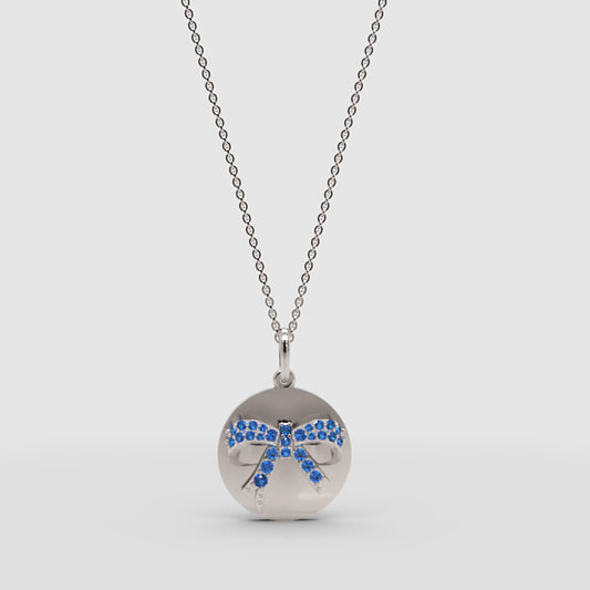 Blue Crystal Bow Disc Pendant Necklace - One
