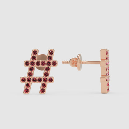 Pink Crystal Hashtag Symbol Stud Earrings With Screw Back Closure - One