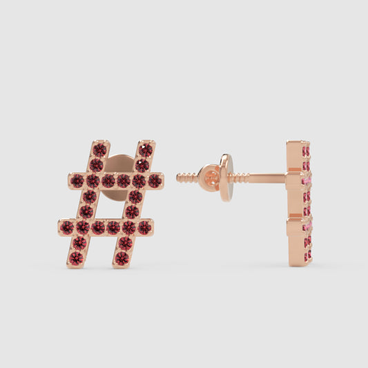 Pink Crystal Hashtag Symbol Stud Earrings with Screw Back Closure