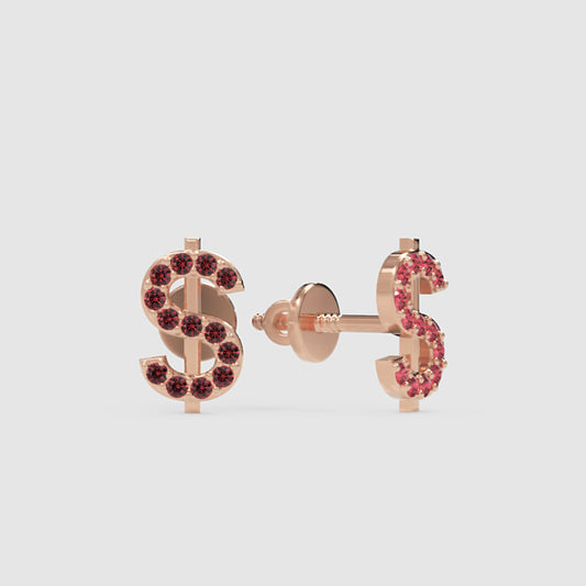 Dollar Sign Stud Earrings With Pink Gemstones - One