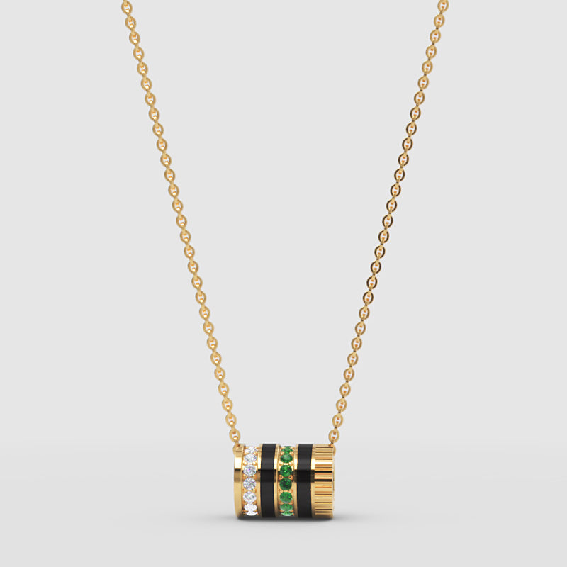 Yellow Gold Multi-Band Barrel Pendant Necklace With Diamond, Green Gemstone & Enamel | Jebij - One