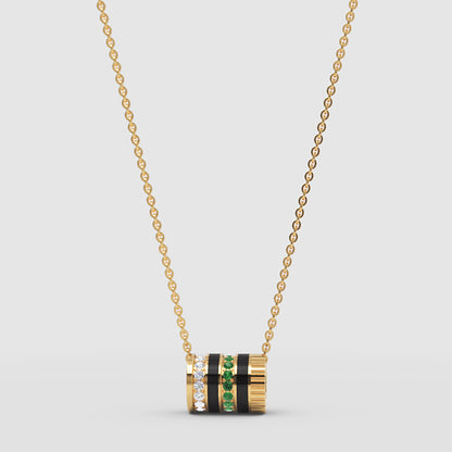 Yellow Gold Multi-Band Barrel Pendant Necklace With Diamond, Green Gemstone & Enamel | Jebij - One