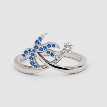 Blue Stone Star & Crescent Moon Ring In White Gold - One