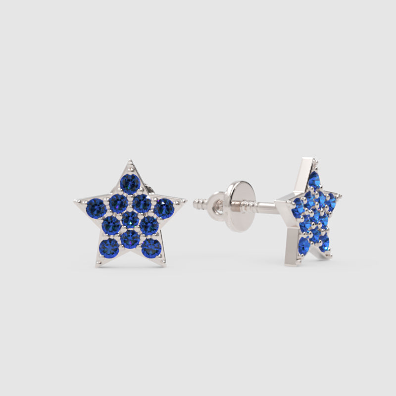 Blue Sapphire Star Stud Earrings With Screw Back Closure - One
