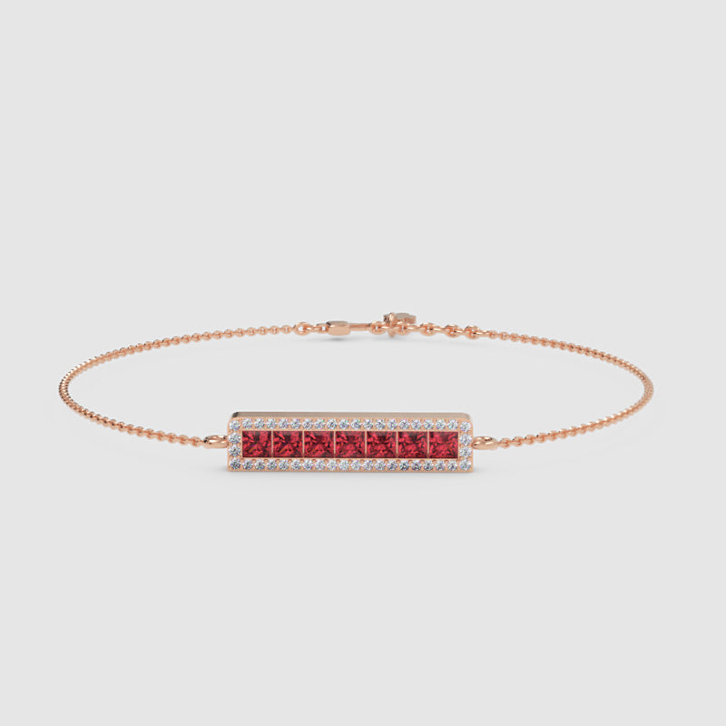 Princess Cut Ruby Bar Bracelet With Diamond Halo Chain Bracelet - One