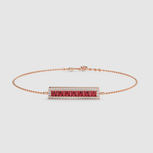 Princess Cut Ruby Bar Bracelet with Diamond Halo Chain Bracelet