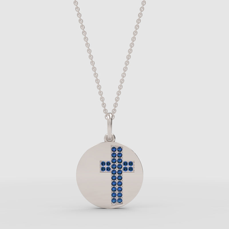 Blue Crystal Cross Disc Pendant Necklace - One