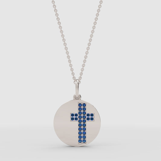 Blue Crystal Cross Disc Pendant Necklace - One