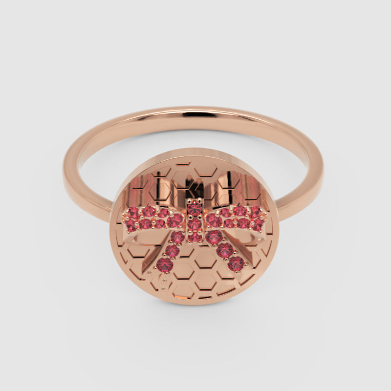 Honeycomb Bee Ring With Pink Gemstones  Rose Tone Disc Ring - One