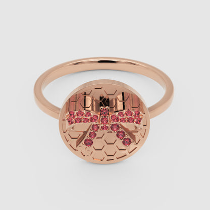 Honeycomb Bee Ring With Pink Gemstones  Rose Tone Disc Ring - One