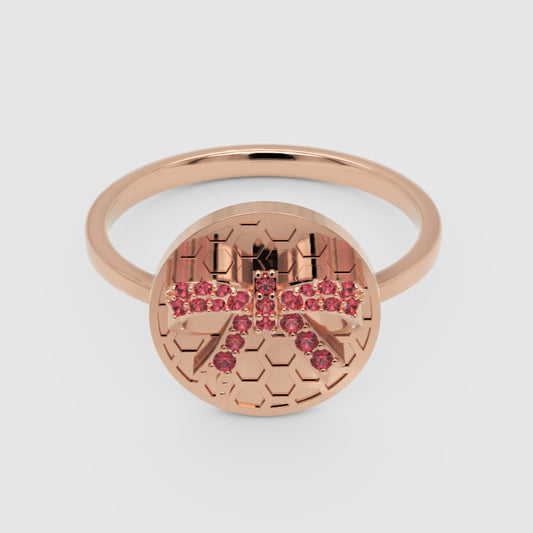 Honeycomb Bee Ring With Pink Gemstones  Rose Tone Disc Ring - One