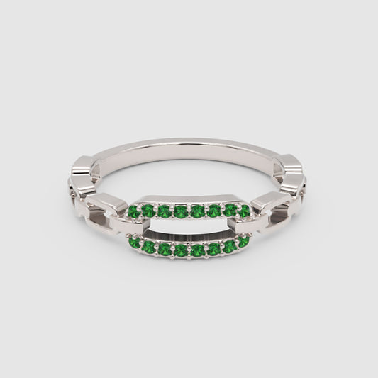Lab-Grown Emerald Interlocking Link Ring in White Gold | Modern Chain Style Statement Ring for Women | Jebij