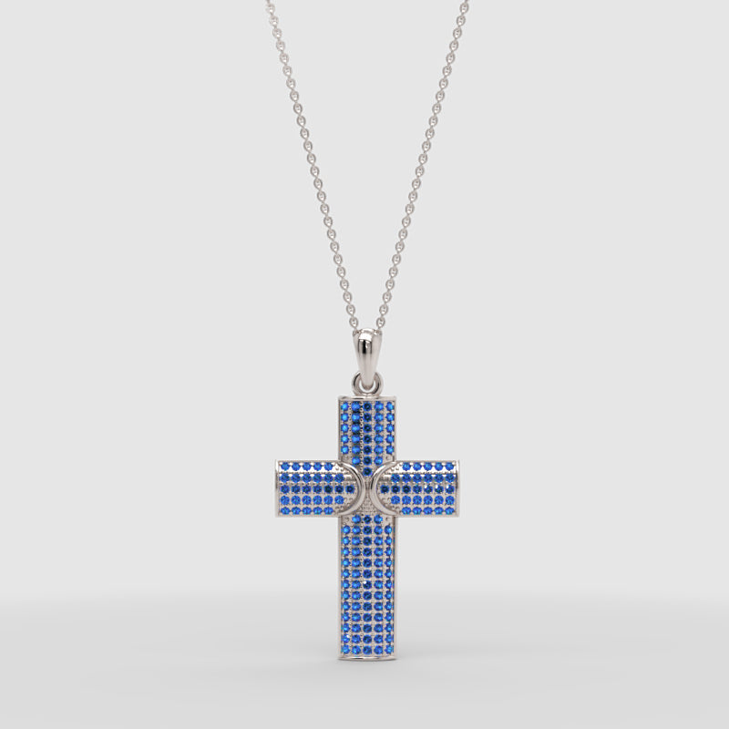Blue Pav Cross Pendant Necklace - One