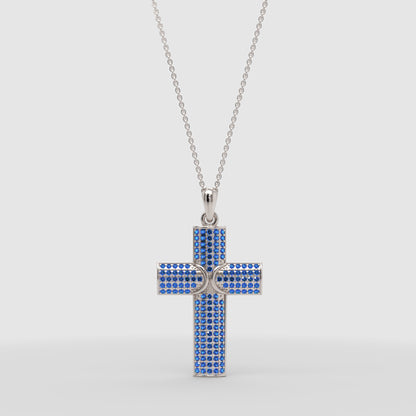 Blue Pav Cross Pendant Necklace - One