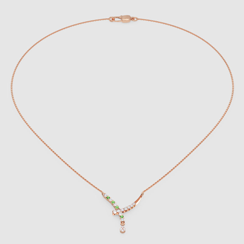 Natural Diamond Curved Bar Necklace With Green Gemstone Drop Pendant - Twelve
