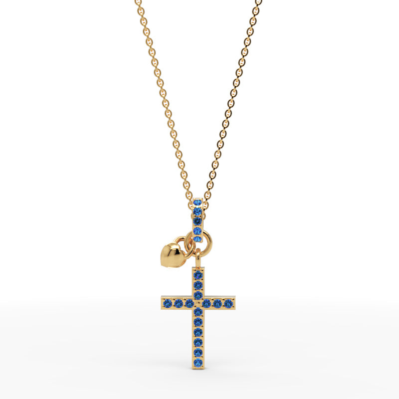 Blue Crystal Cross Pendant Necklace With Heart Charm - Two