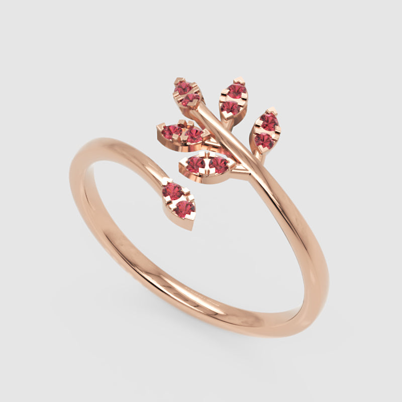 Ruby Leaf Vine Wrap Ring With Adjustable Band - Three