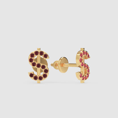 Dollar Sign Stud Earrings With Pink Gemstones - Three