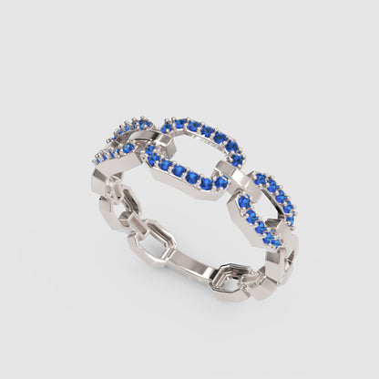 Blue Sapphire Chain Link Ring In White Gold | Double Pave Interlocking Statement Luxury Ring For Women | Jebij - Three