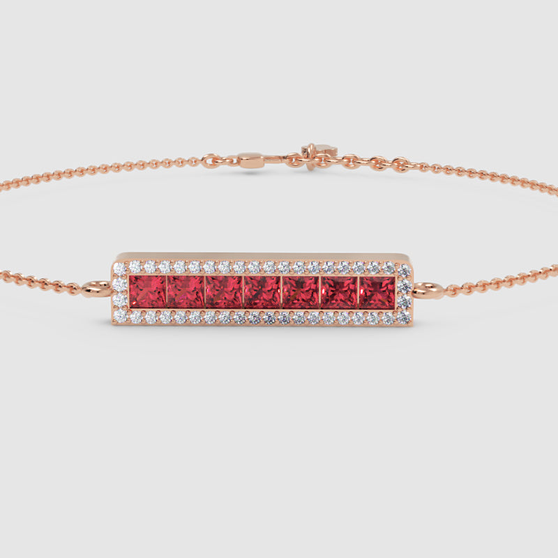 Princess Cut Ruby Bar Bracelet With Diamond Halo Chain Bracelet - Three