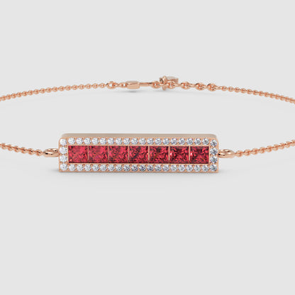 Princess Cut Ruby Bar Bracelet With Diamond Halo Chain Bracelet - Three