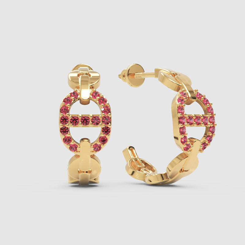 Pink Lab-Grown Gemstone Hoop Earrings In Gold Finish – Modern Oval Link Huggie Design - Four