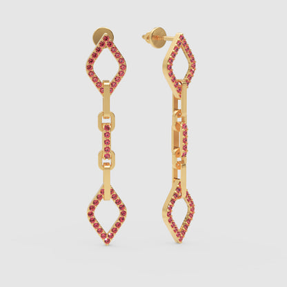 Ruby Chain Link Drop Earrings With Diamond Shaped Accents - Four