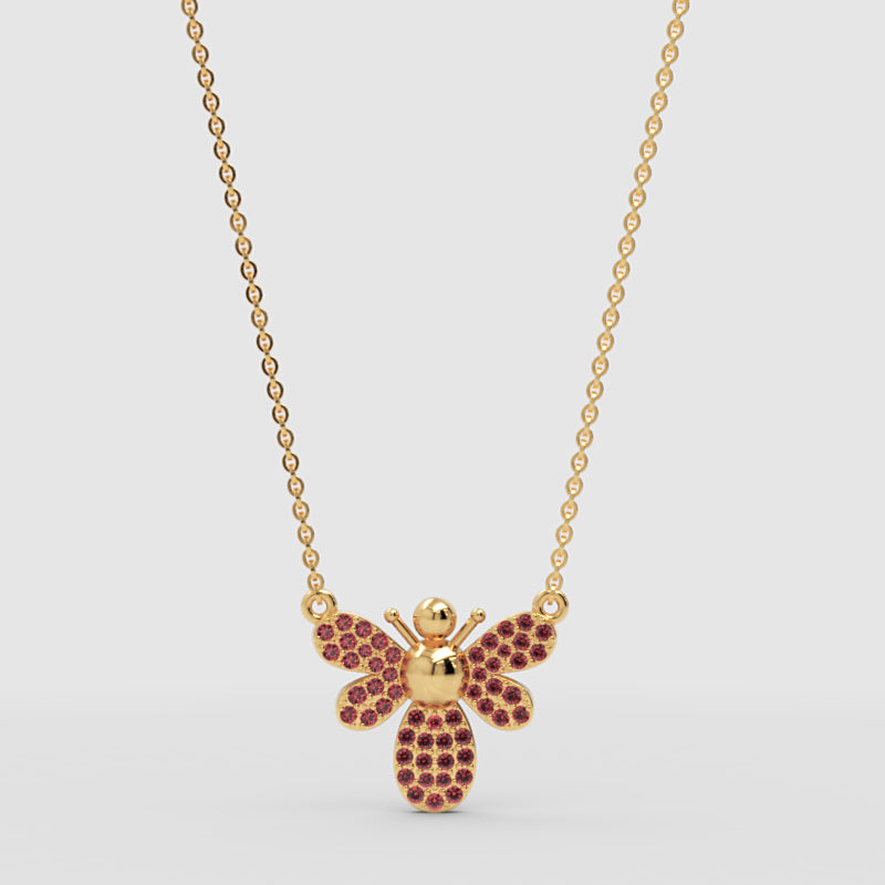 Pink Crystal Bee Pendant Necklace With Rose Tone Chain - Three