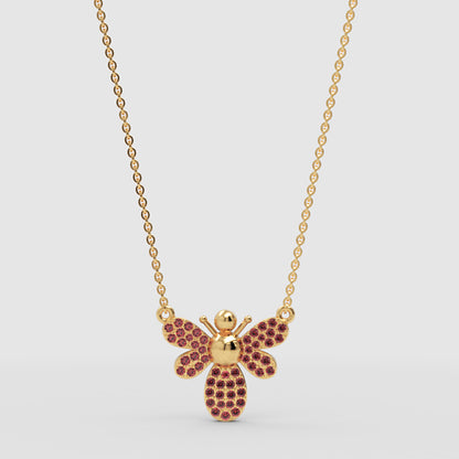 Pink Crystal Bee Pendant Necklace With Rose Tone Chain - Three