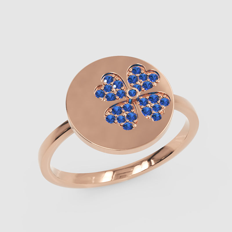 Blue Sapphire Four Leaf Clover Disc Ring - Three