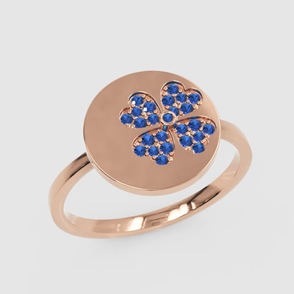 Blue Sapphire Four Leaf Clover Disc Ring - Three