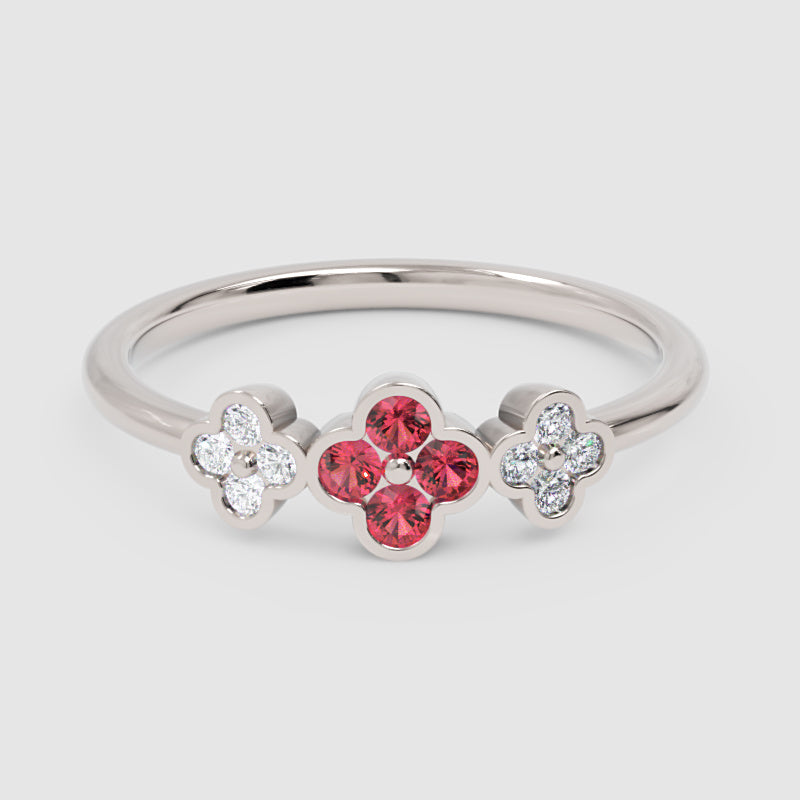 Triple Flower Cluster Ring With Ruby And Diamond Accents - Four
