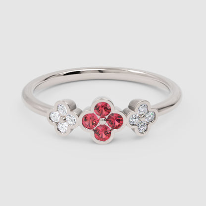 Triple Flower Cluster Ring With Ruby And Diamond Accents - Four