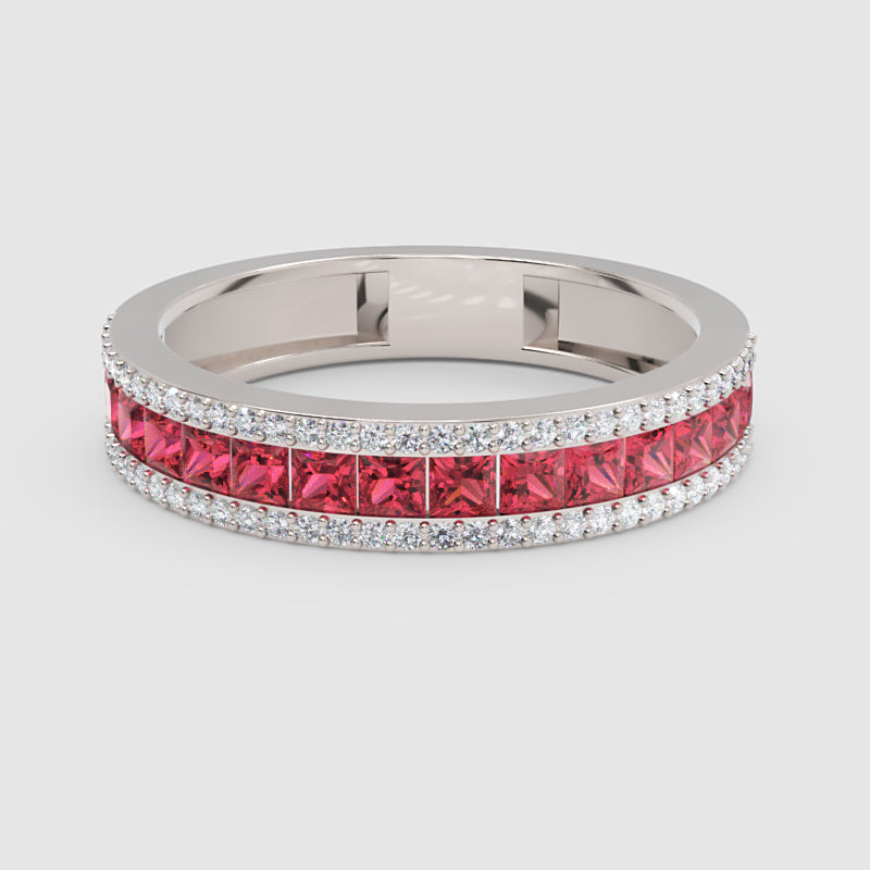 Princess Cut Ruby And Diamond Channel Set Wedding Band Ring - One
