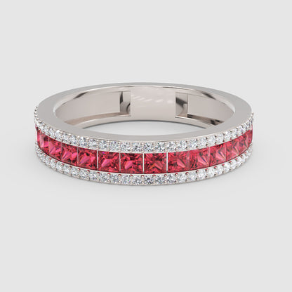 Princess Cut Ruby And Diamond Channel Set Wedding Band Ring - One
