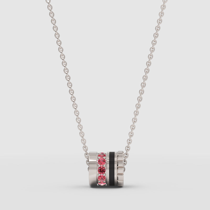 Rose Tone Barrel Pendant Necklace With Pink Gemstone And Black Enamel - Three
