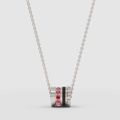 Rose Tone Barrel Pendant Necklace With Pink Gemstone And Black Enamel - Three