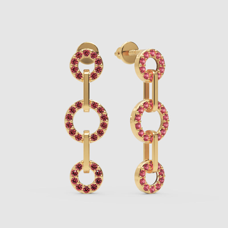 Pink Sapphire Triple Circle Link Drop Earrings - Four