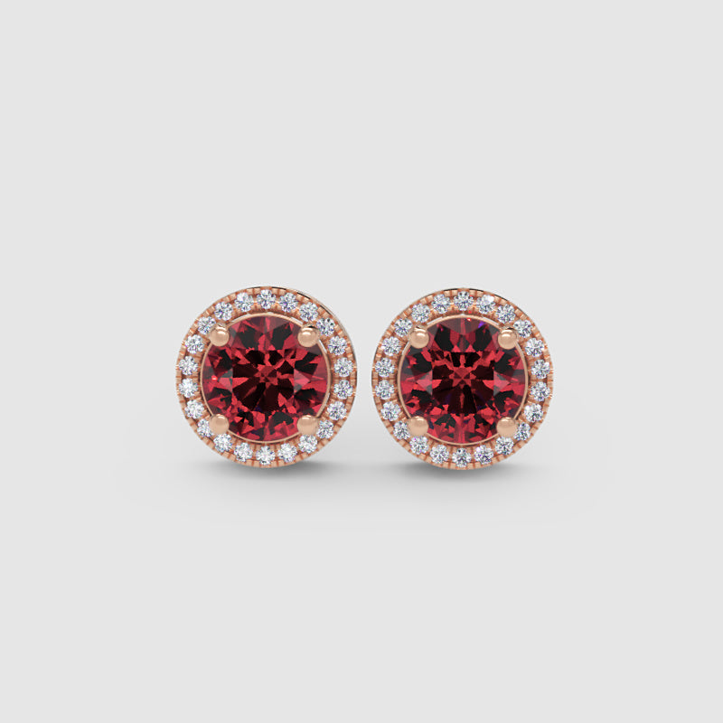 Ruby Red Round Halo Stud Earrings With Screw Back - Seven