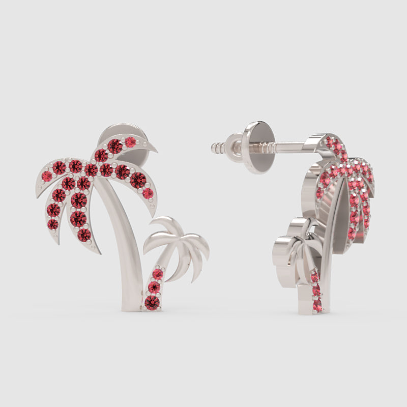 Pink Crystal Palm Tree Stud Earrings - Three