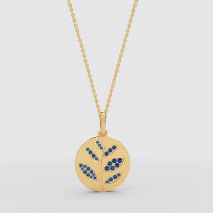 Blue Crystal Leaf Branch Disc Pendant Necklace - Two