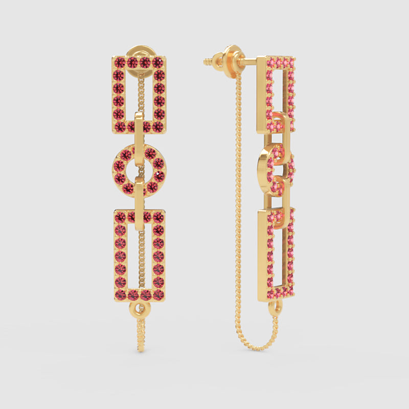 Red Gemstone Geometric Chain Drop Earrings With Rectangle And Circle Links - Three